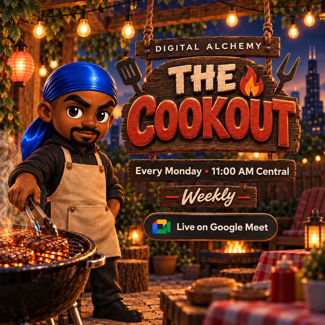 The Cookout banner. The host, in a blue durag and apron, grills burgers under string lights with the Chicago skyline behind him. The sign reads: Digital Alchemy, The Cookout, Weekly, Live on Google Meet.